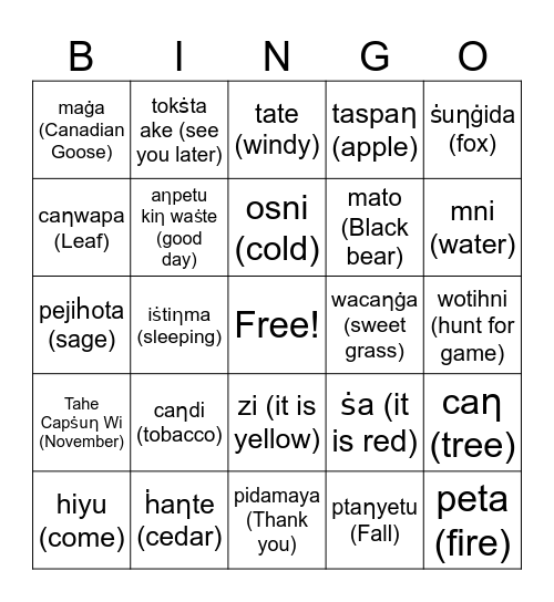 Dakota Fall Bingo Card