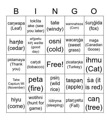 Dakota Fall Bingo Card