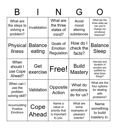 DBT Emotion Regulation Bingo Card