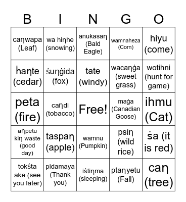 Dakota Fall Bingo Card