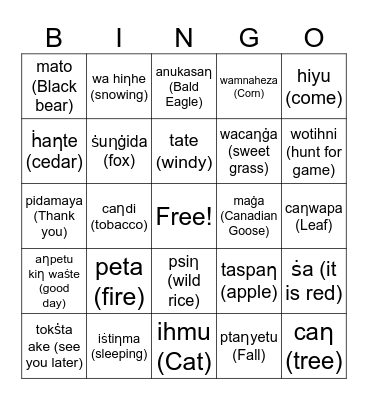 Dakota Fall Bingo Card