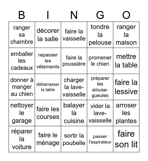le ménage Bingo Card