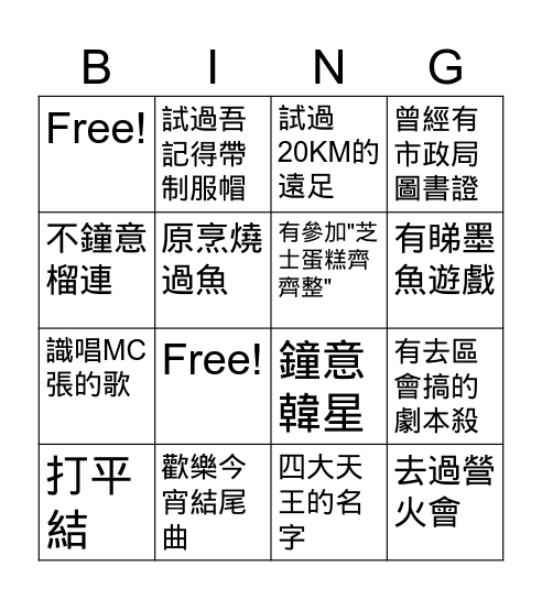 2025黃大仙區總監錦標暨領袖友誼賽 (姓名:            / 旅別:       ） Bingo Card