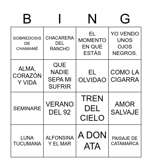 BINGO DE LA TRADICION Bingo Card
