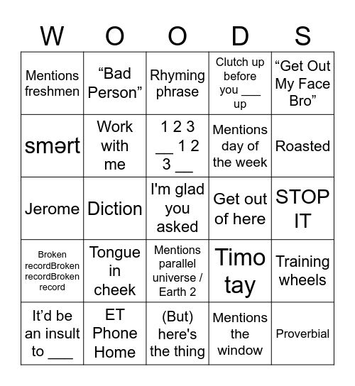 Diction in The Woods Bingo Card