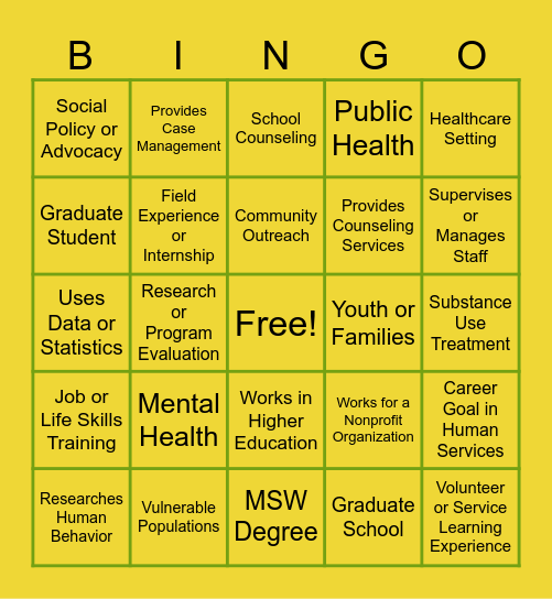 Career Connections Bingo Card
