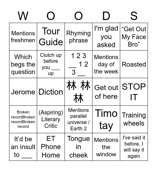 Diction in the Woods Bingo Card
