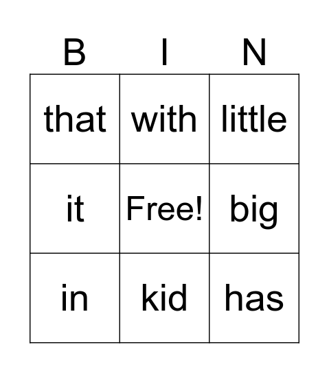 CVC Words Bingo Card