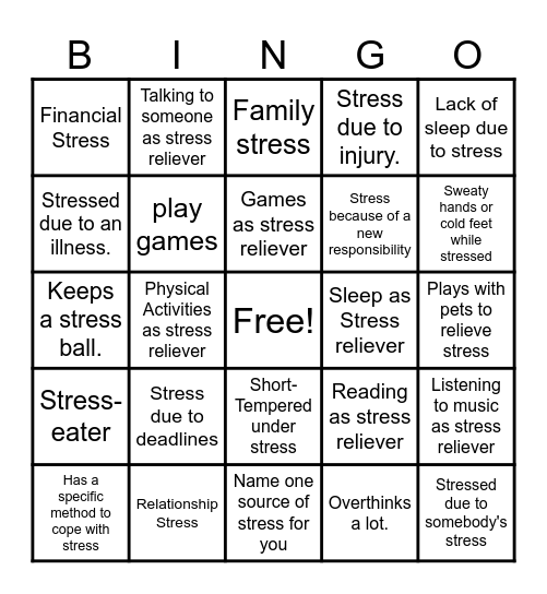 Stressors/Stress Relievers/Effects Bingo Card