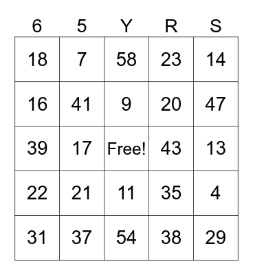 65 YEARS Bingo Card