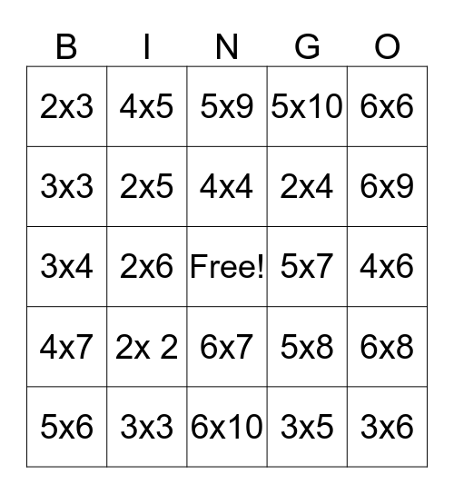 Jada's Multiplication Bingo Card