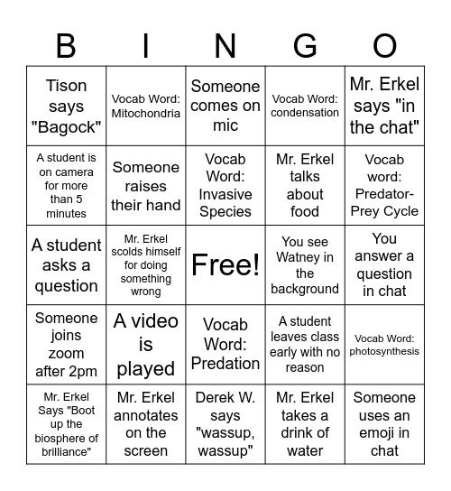 Predator/Prey Bingo Card
