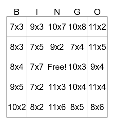 Jada's Multiplication Bingo Card