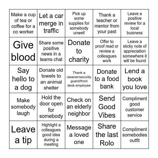 Kindness Bingo Card