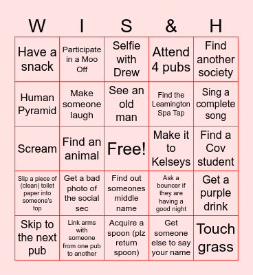 WISH BINGO BAR CRAWL Bingo Card
