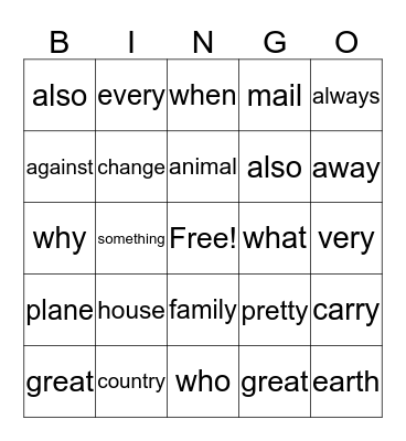 Sight Word Bingo Card