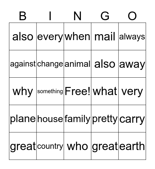 Sight Word Bingo Card