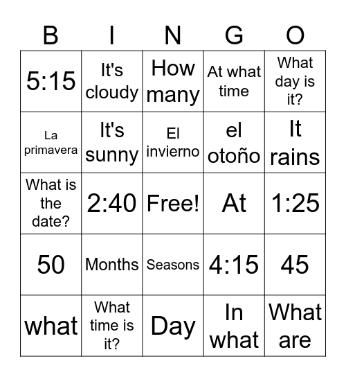 Weather / season / questions Bingo Card