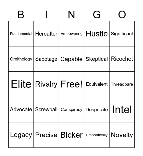 Tryouts Vocabulary Bingo Card