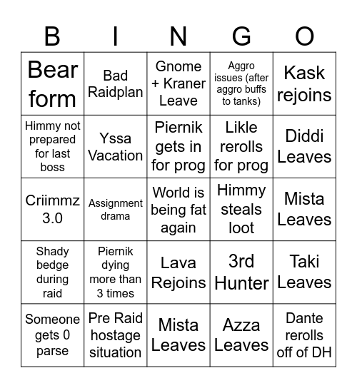 Midnight + Preseason Bingo Card