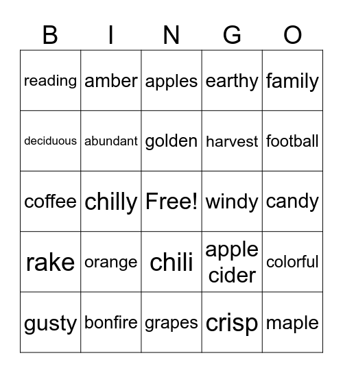AUTUMN Bingo Card