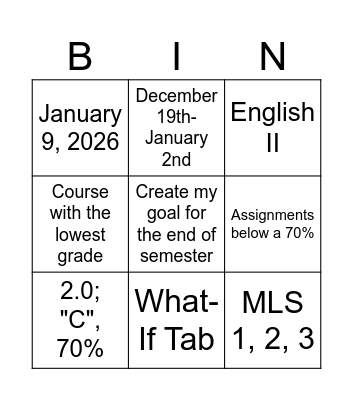 End of Semester Bingo Card