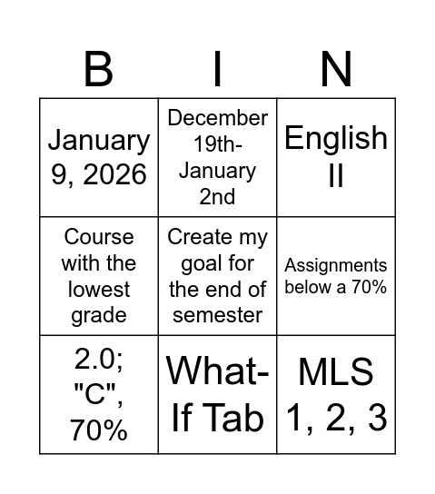 End of Semester Bingo Card