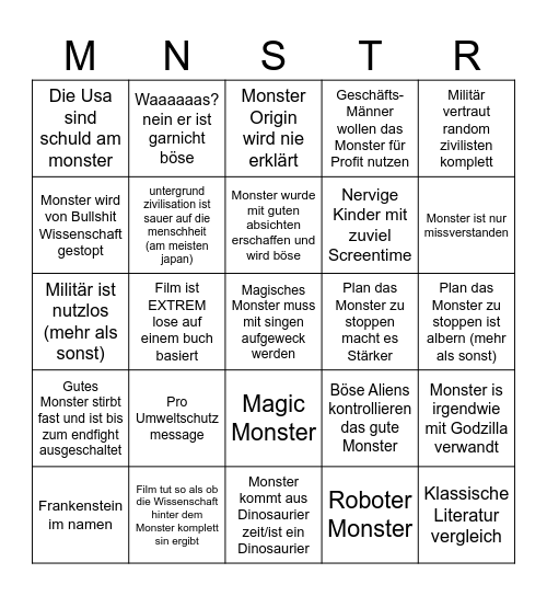 Monster Movie Bingo Card