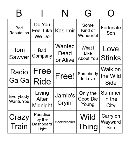 C1 - Classic Rock Bingo Card
