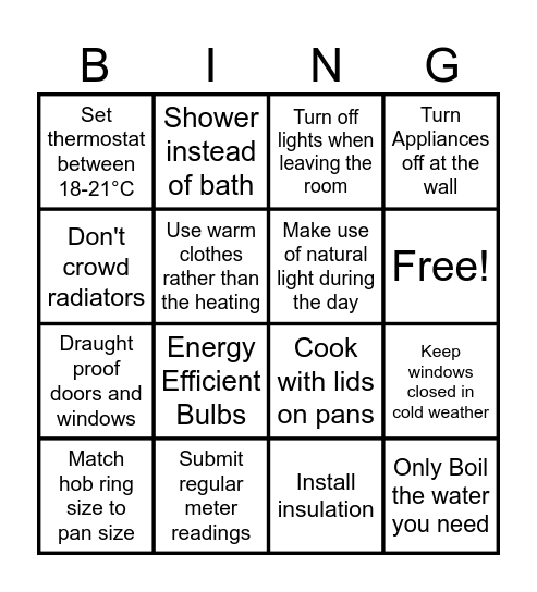 Energy Bingo Card