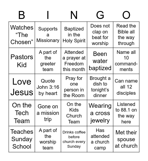 Missions Dinner Bingo Card