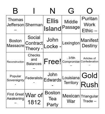 US History Pre-20th Century Bingo Card