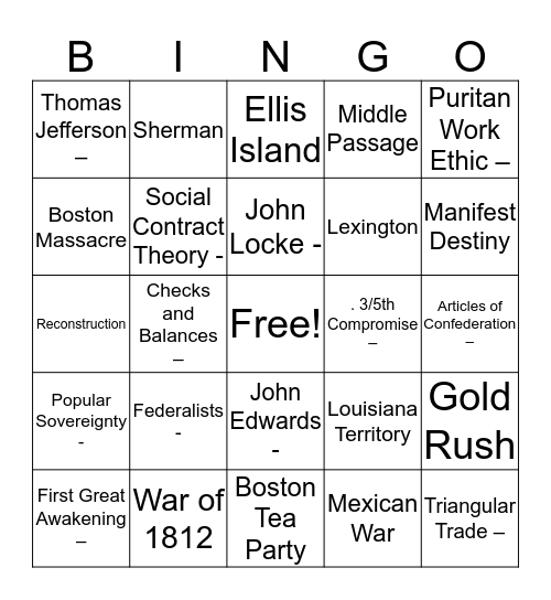 US History Pre-20th Century Bingo Card