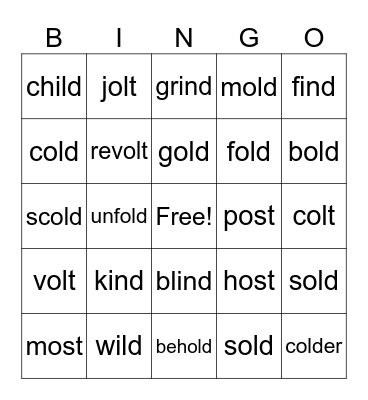 Wild Colt Words Bingo Card