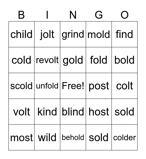 Wild Colt Words Bingo Card