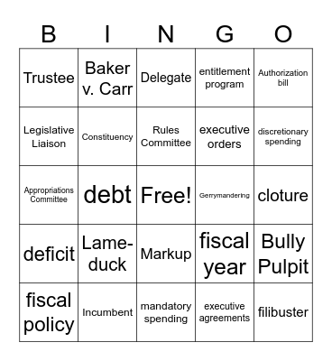Legislative and Executive Branch Bingo Card