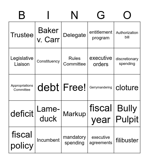 Legislative and Executive Branch Bingo Card