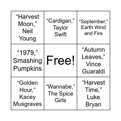 Harvest Hits Bingo Card