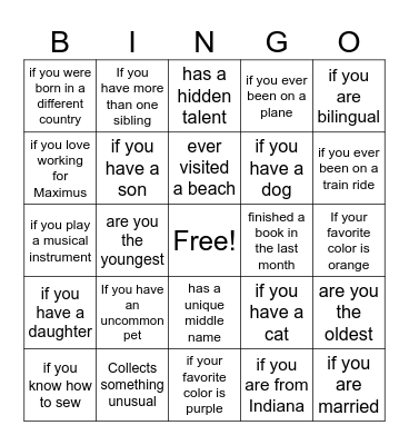 Get to know me Bingo Card