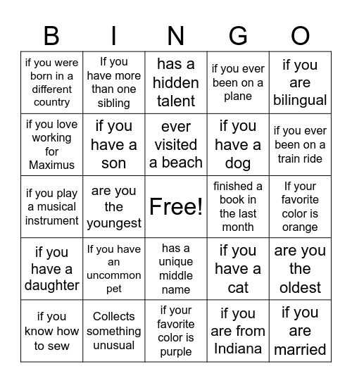 Get to know me Bingo Card