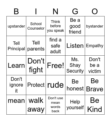 Anti Bullying Bingo Card