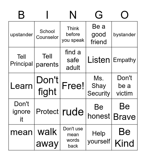 Anti Bullying Bingo Card