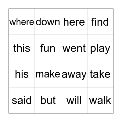 Sight Words Bingo Card