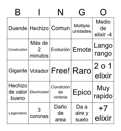 Clash royale Bingo Card