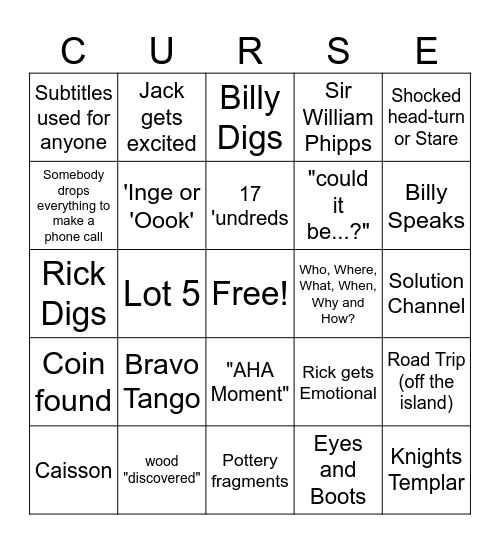 Curse of Oak Island S13 Premiere Bingo Card