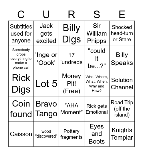 Curse of Oak Island S13 Premiere Bingo Card