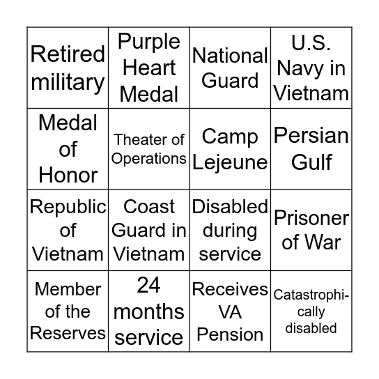 Veterans Bingo Card