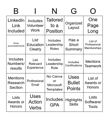 Resume Lab Bingo Card