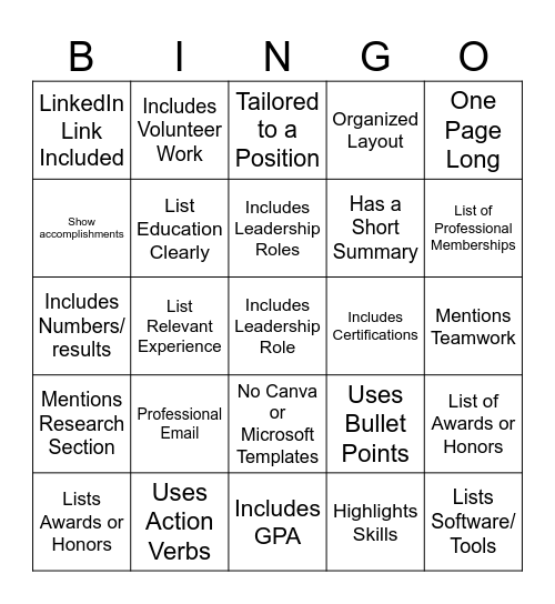Resume Lab Bingo Card