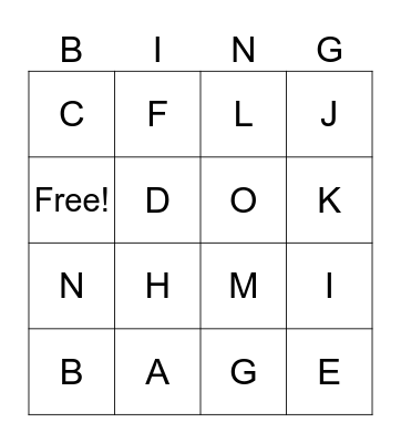 LETTERS A-O Bingo Card